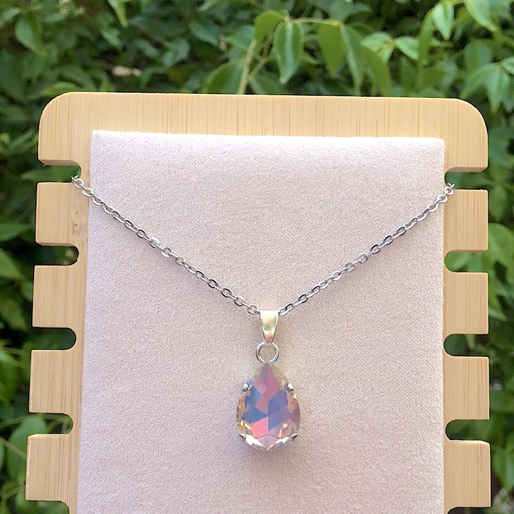 Gray Opal Aurora Borealis Iridescent Silver Pendant Drop Necklace - Picture 7 of 10